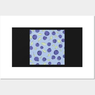 Blueberries and leaves on blue background Posters and Art